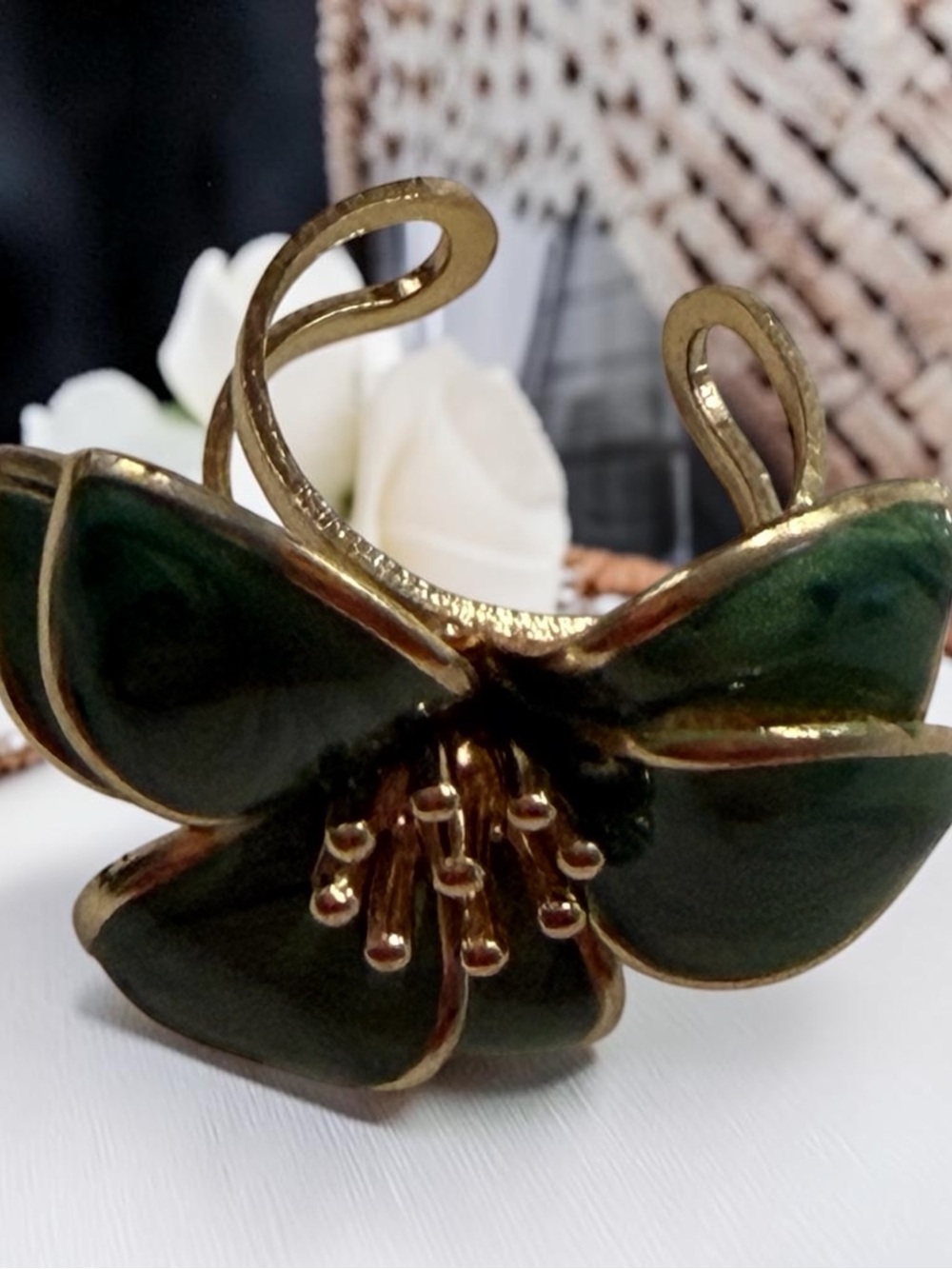 Gold-Tone Green Enamel Flower Ring